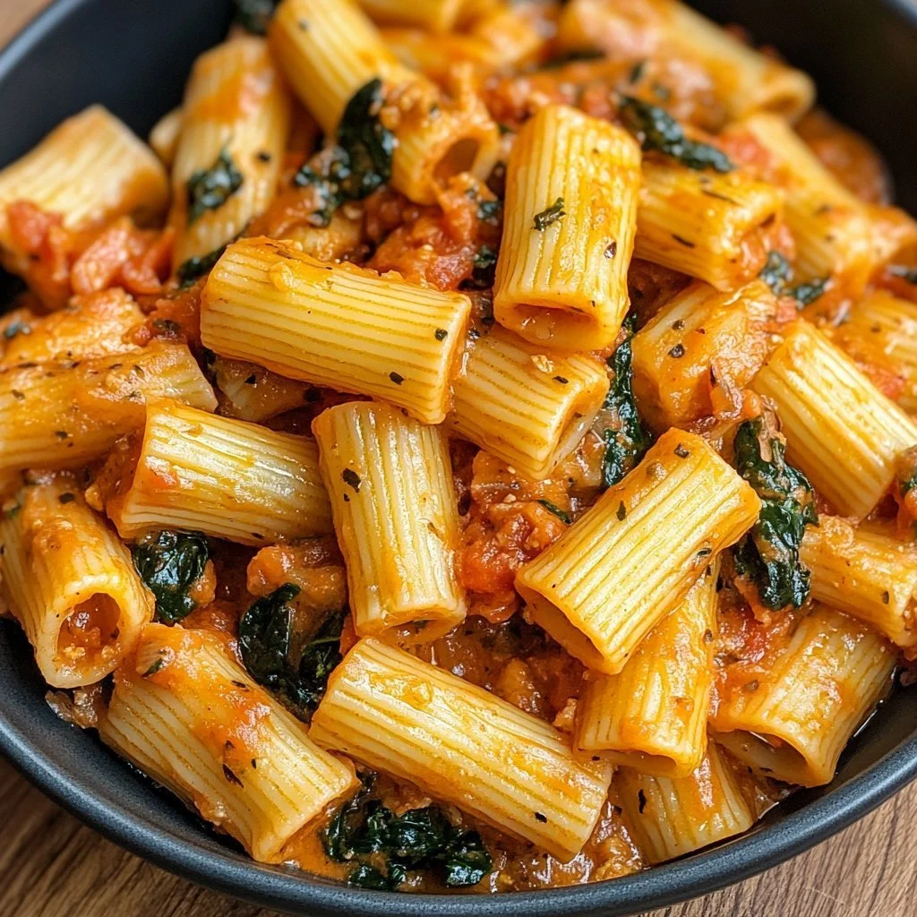 Rigatoni cremoso con salsicce e spinaci, piatto appetitoso e cremoso