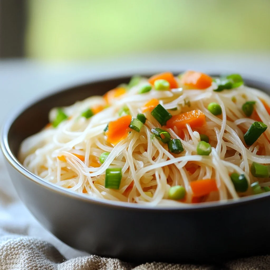 Saltato di noodles di riso con verdure fresche e salsa saporita