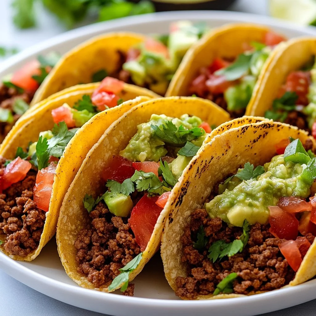 Tacos di manzo macinato serviti con salsa e verdure fresche