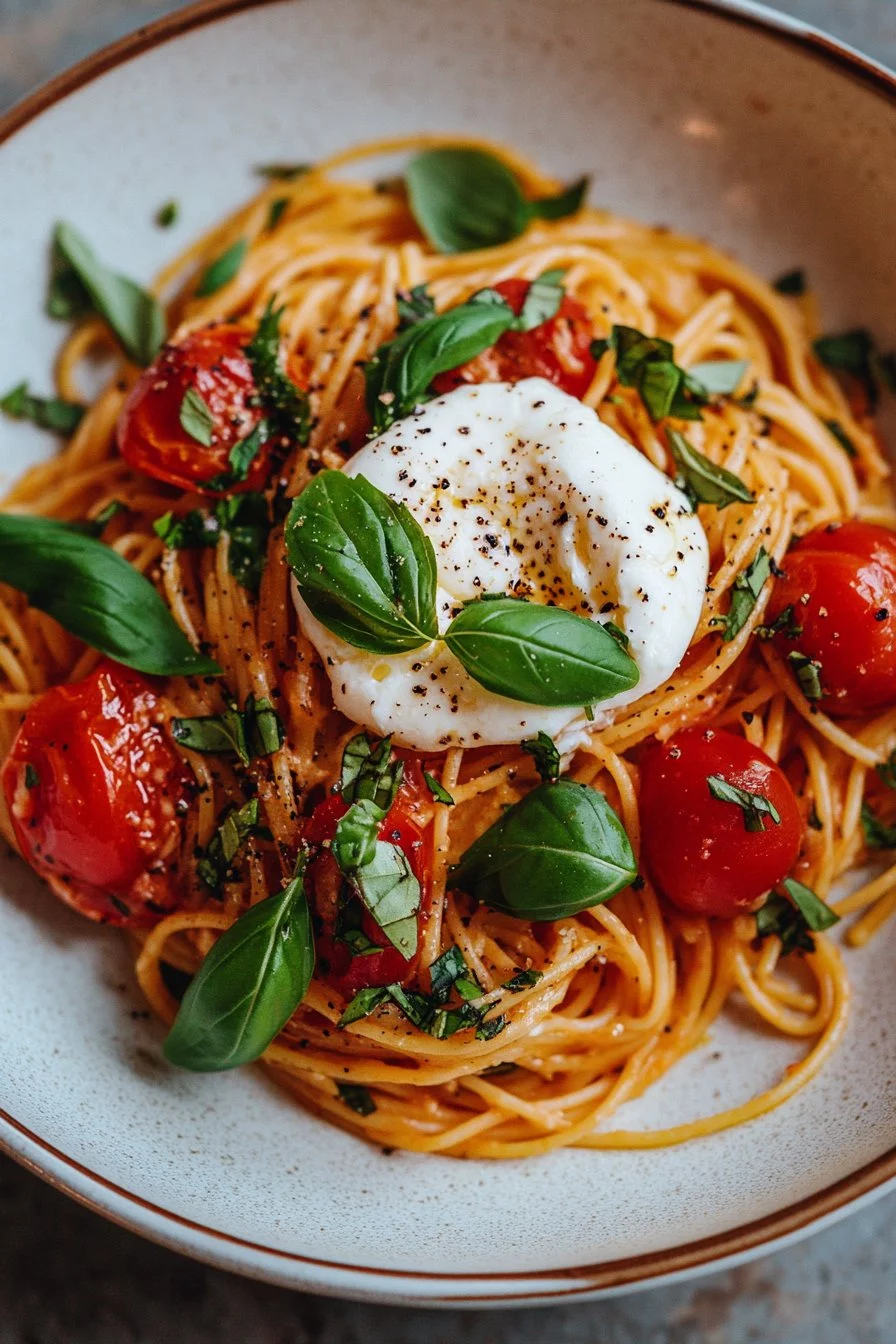Pasta con burrata e pomodori esplosivi