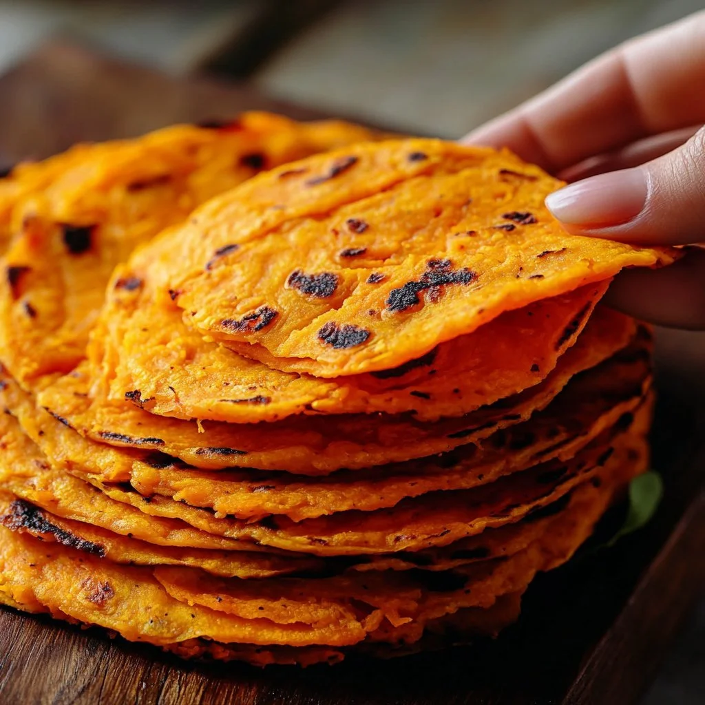Tortillas di Patata Dolce servite su un piatto colorato