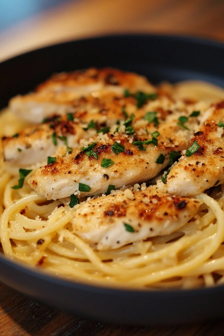 Pollo all'aglio e parmigiano con pasta