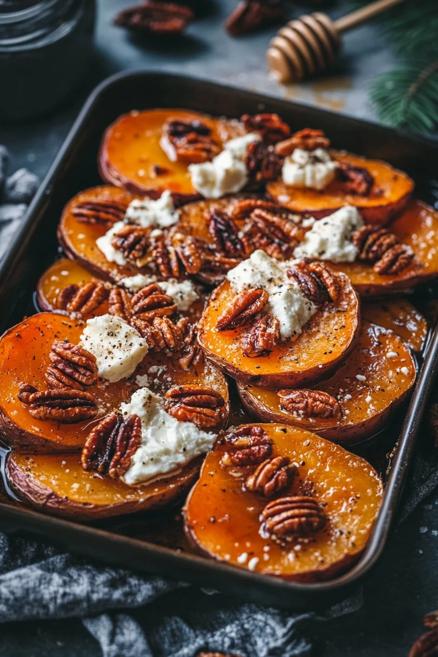 Patata dolce arrostita con formaggio di capra, miele e noci pecan