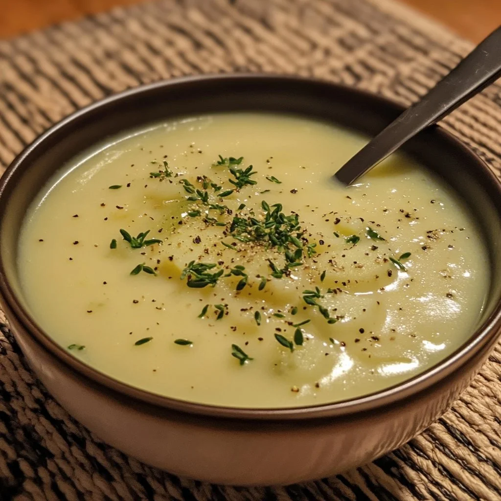Zuppa cremosa di patate e porri servita con skyr, piatto sano e gustoso.