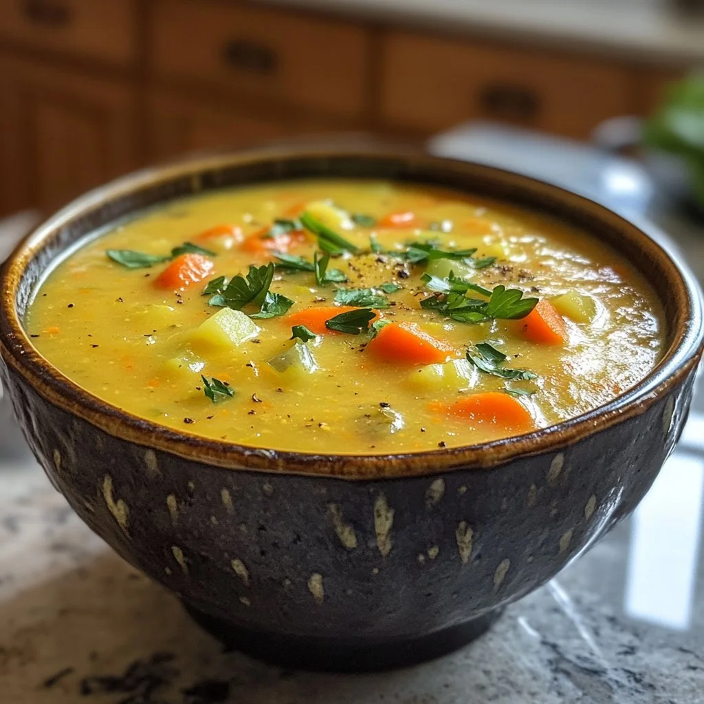 Zuppa cremosa vegana di carote e patate, piatto sano e gustoso.