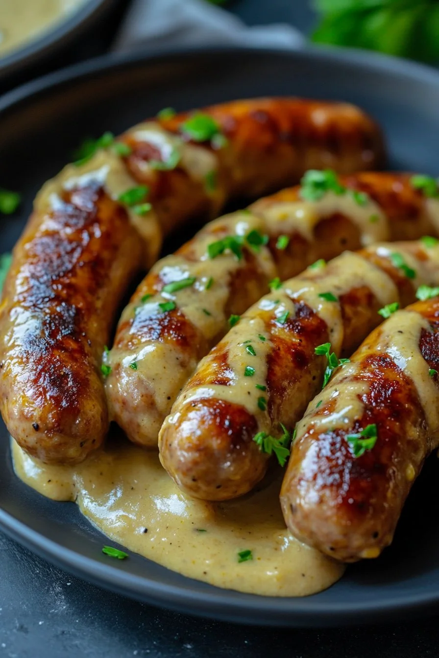 Salsicce dorate con salsa cremosa di senape