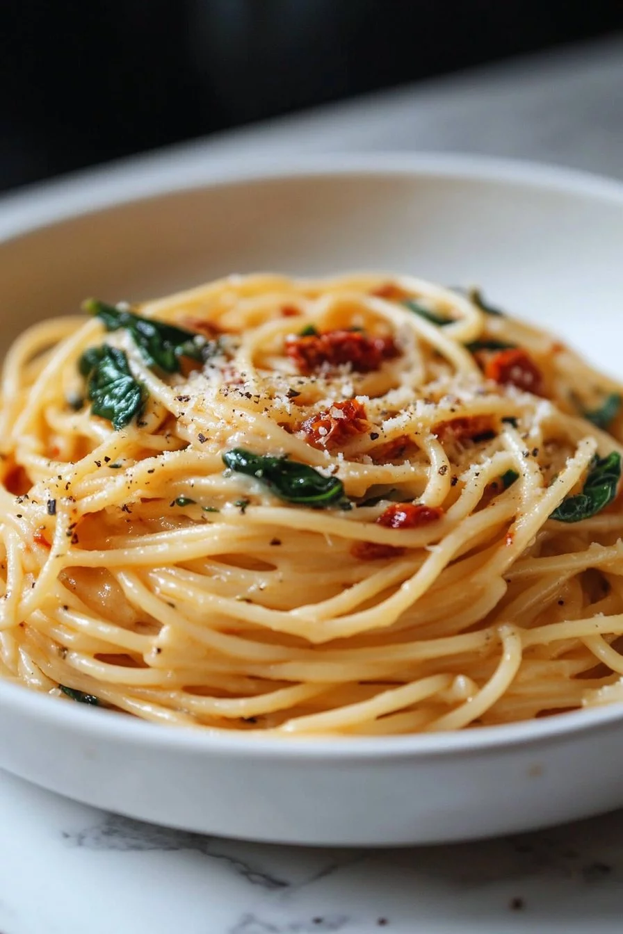 Spaghetti con Crema di Pomodori Secchi e Spinaci