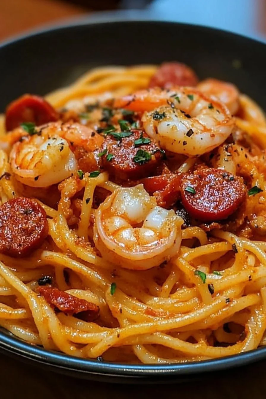 Spaghetti alla crema di peperone, chorizo e gamberi