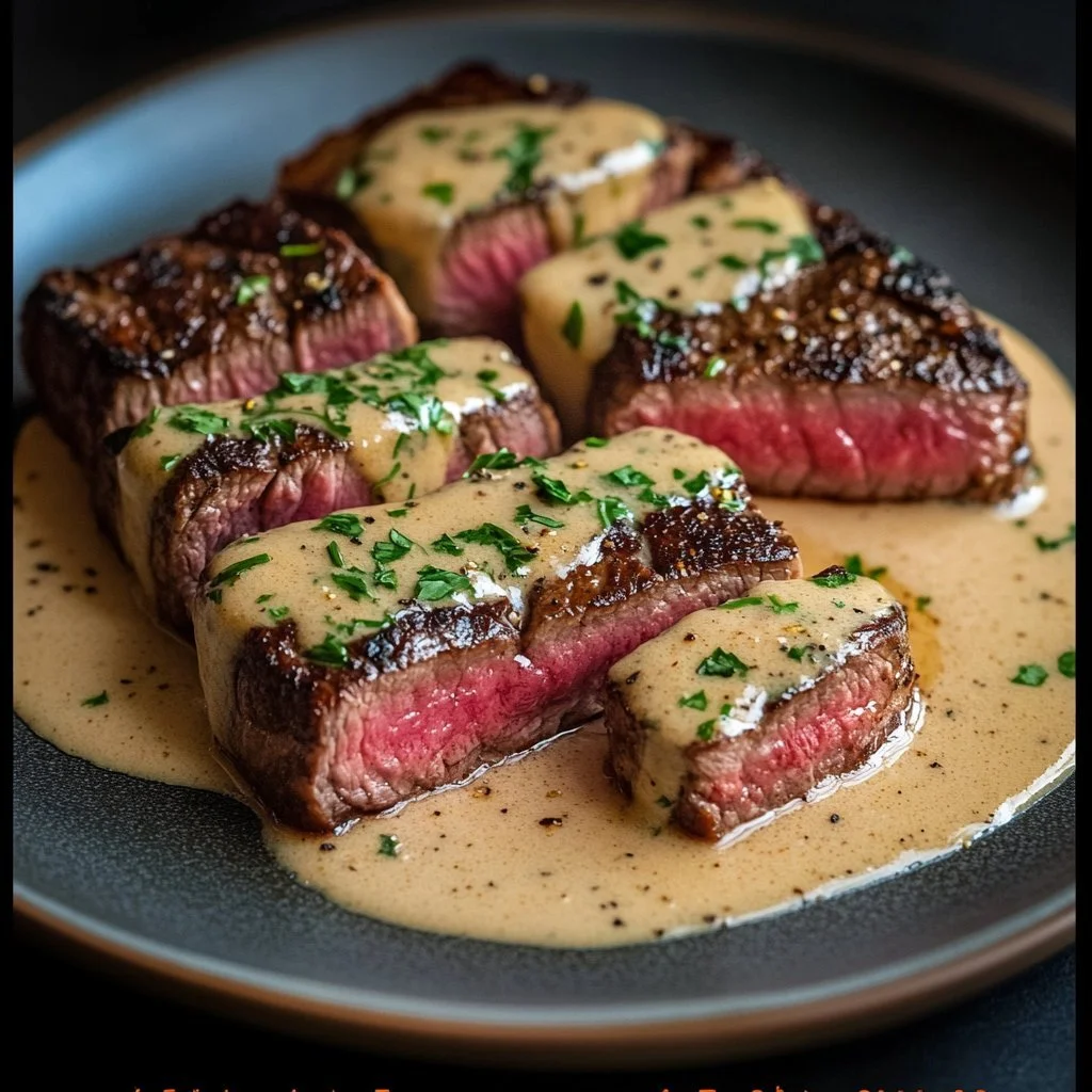 Bistecca con salsa all'aglio cremosa pronta da servire