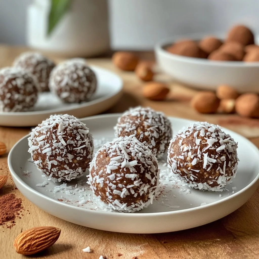 Bocconcini energetici al cioccolato e cocco, snack sano e gustoso.