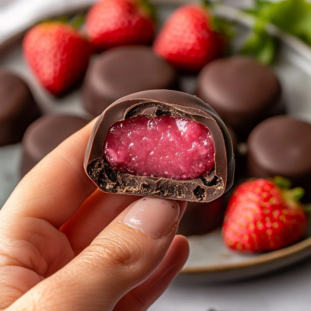Bocconi di cioccolato con marmellata su un piatto bianco