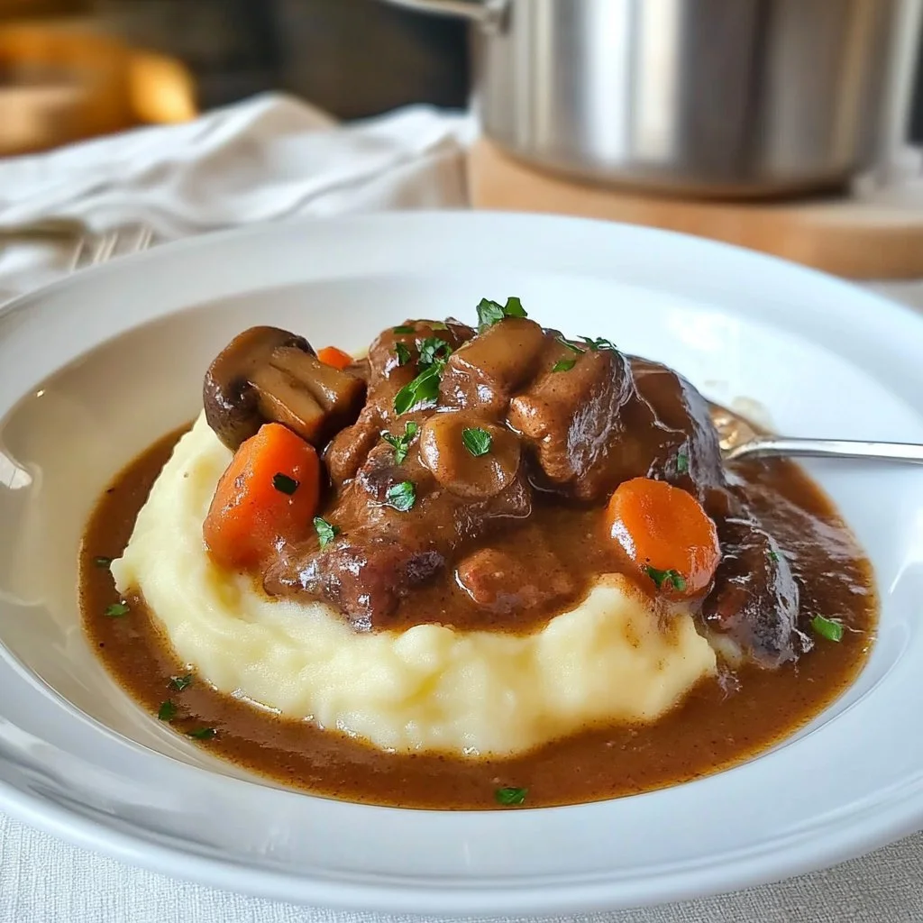 Un piatto di Boeuf Bourguignon servito con contorni tradizionali.