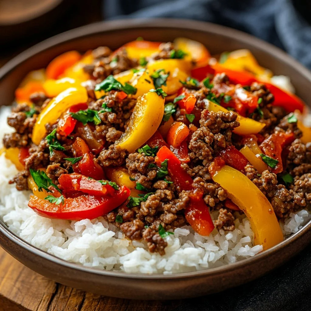 Bowl di Manzo Peperone Riso con ingredienti freschi e colorati