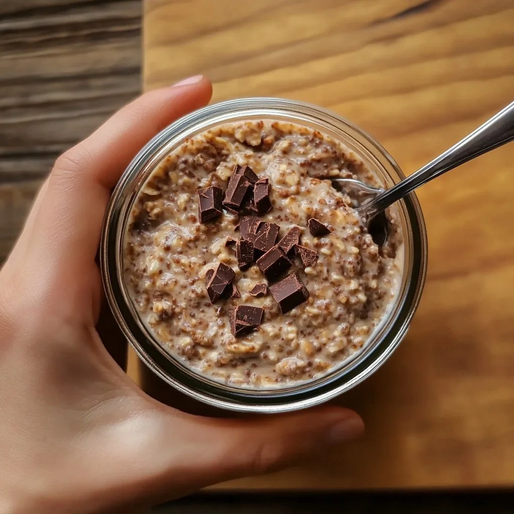 Budino di Fiocchi d'Avena con Cioccolato e Burro di Arachidi servito in una ciotola.