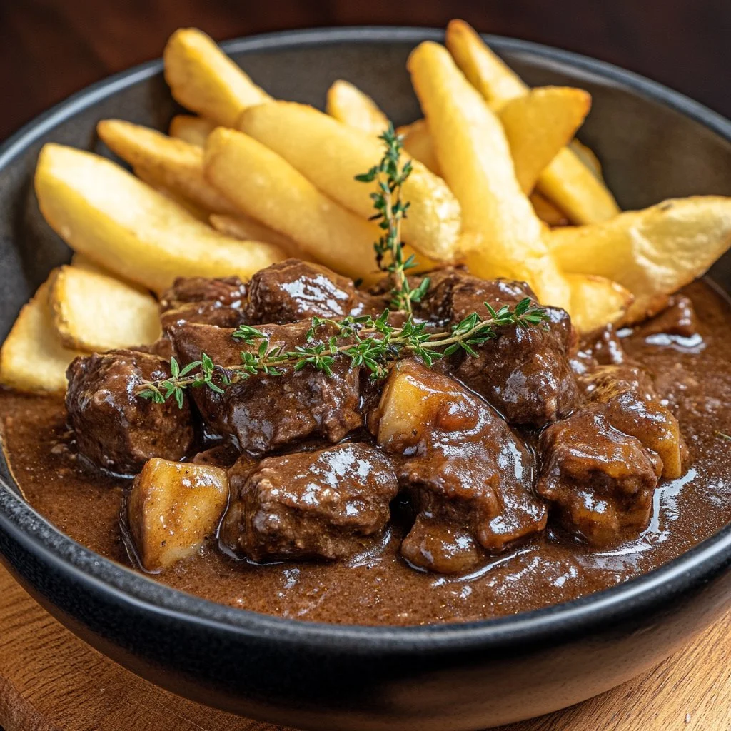 Piatto di Carbonade flamande con manzo e salsa di birra