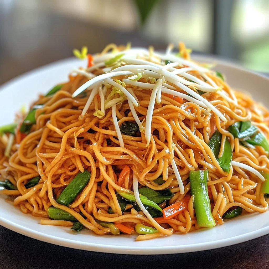 Piatto di Chow Mein con verdure fresche e noodles orientali
