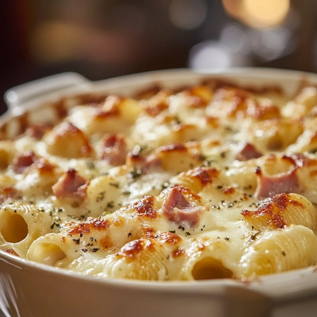 Coquillettes con prosciutto e panna appena preparate in un piatto