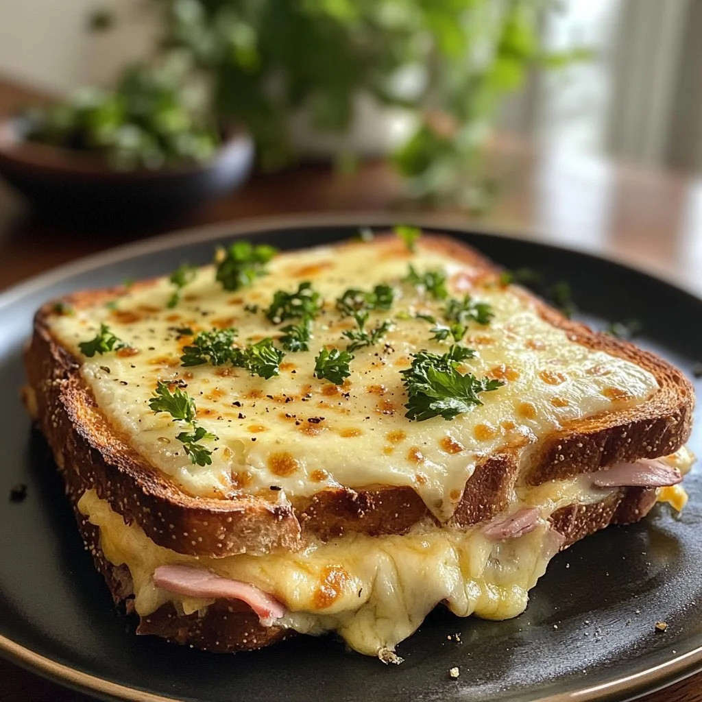 Immagine di un Croque Monsieur, panino tostato con prosciutto e formaggio.