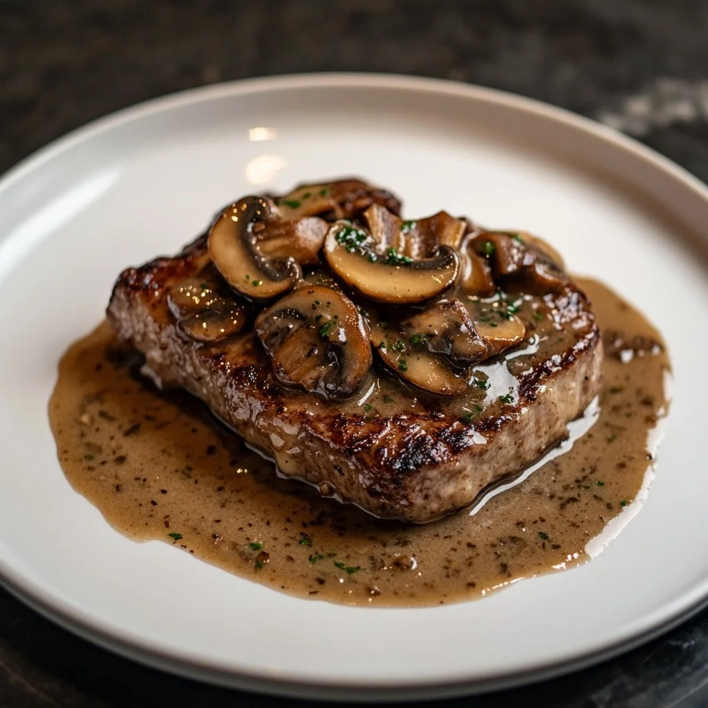 Entrecôte di manzo alla crema e ai funghi in un piatto gourmet