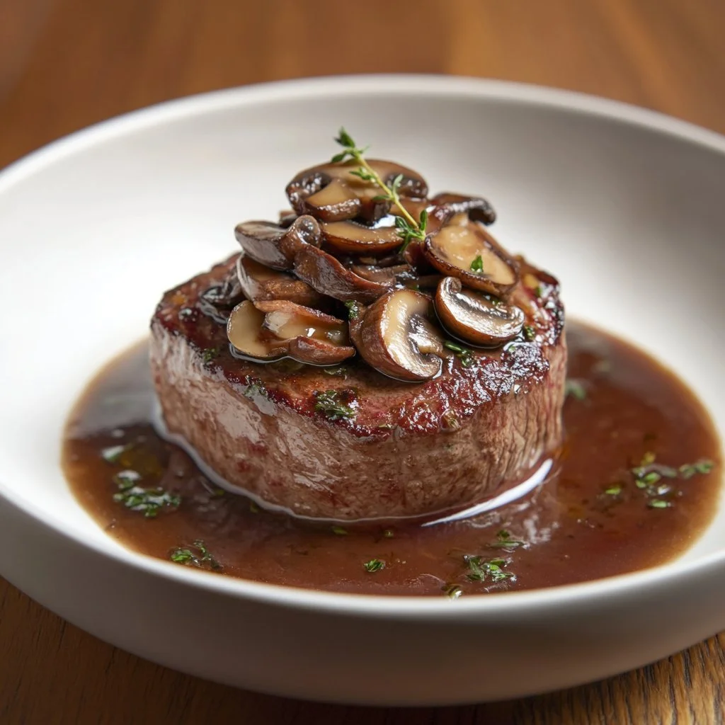 Filet Mignon cremose al Boursin e funghi, piatto gourmet servito elegantemente.