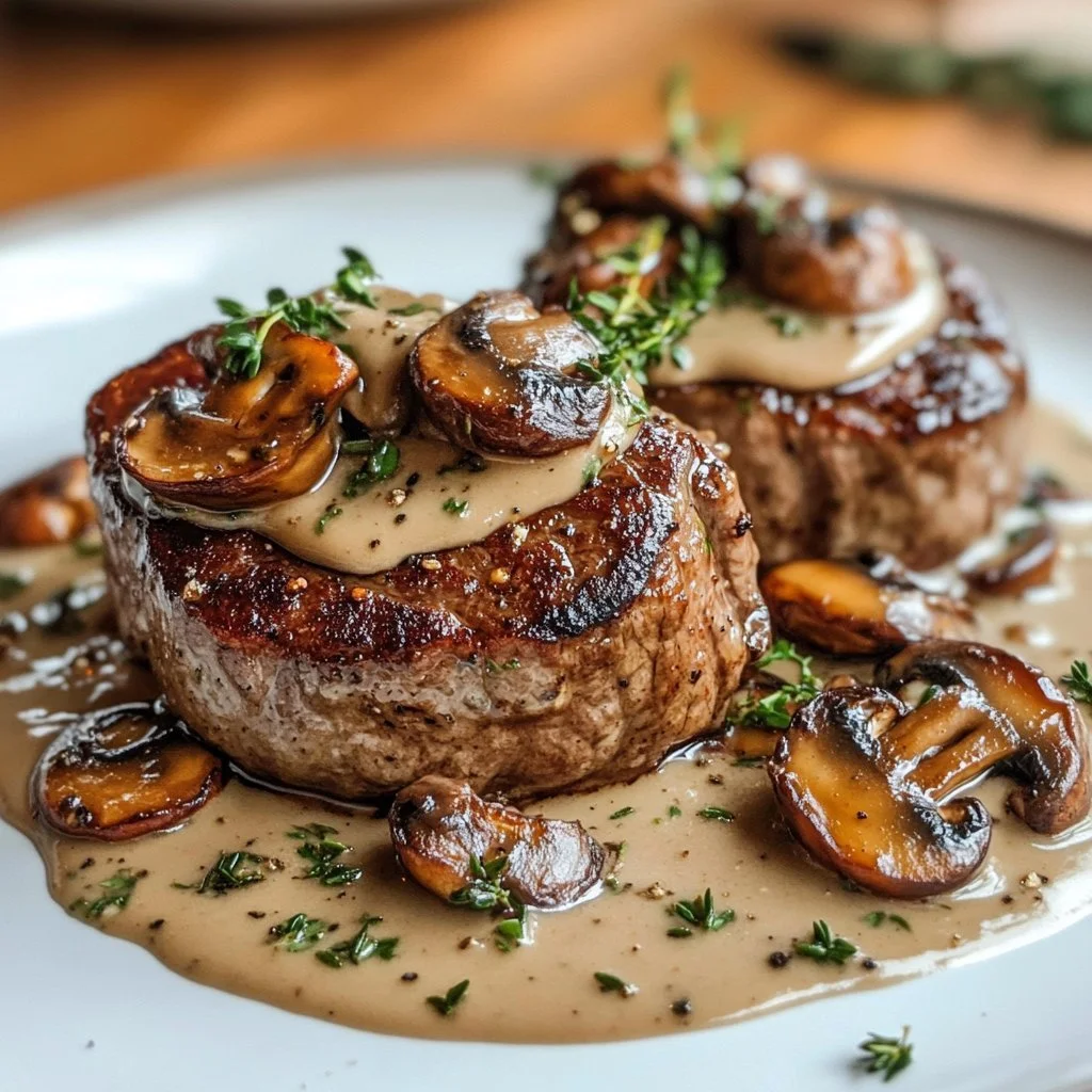 Filetto mignon con Boursin e funghi gourmet in un piatto elegantemente servito.
