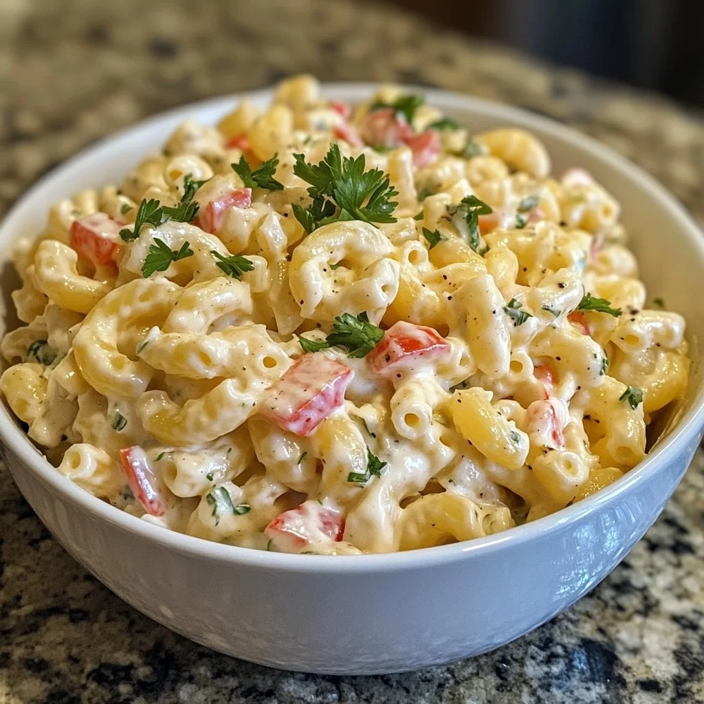 Deliziosa insalata di maccheroni con verdure e condimenti freschi.