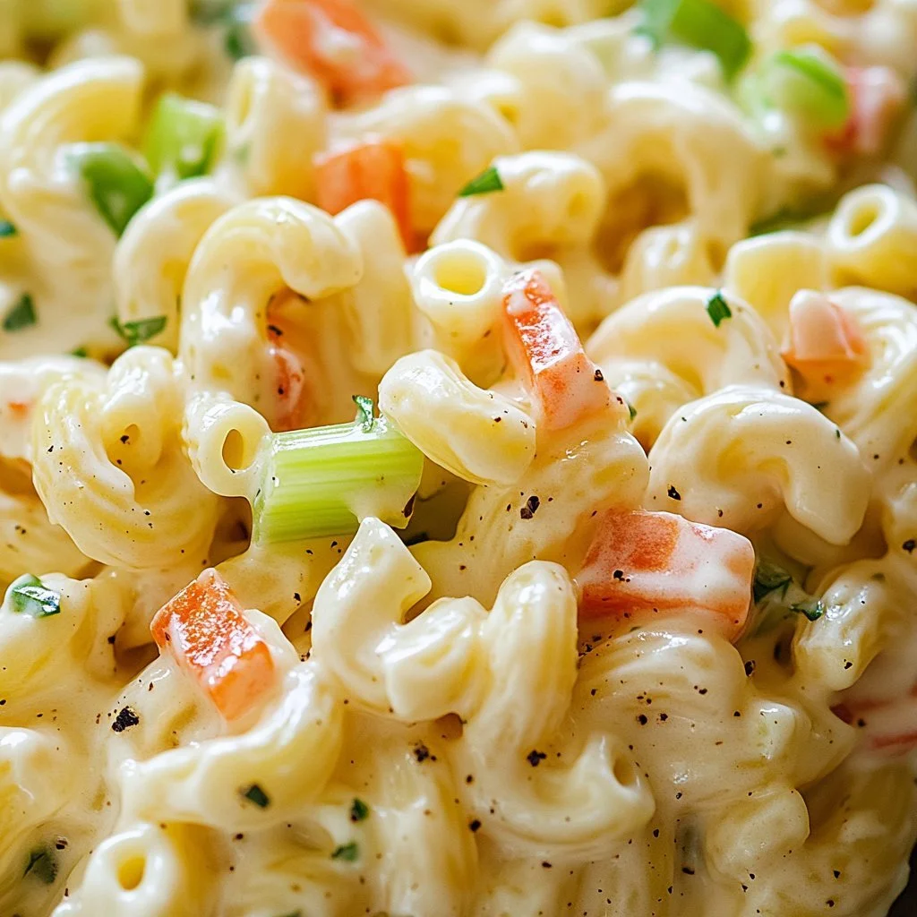 Insalata di maccheroni cremosa con verdure fresche e condimento ricco