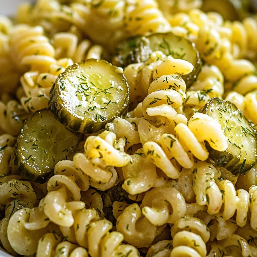 Insalata di pasta con cetriolini all'aneto servita in una ciotola