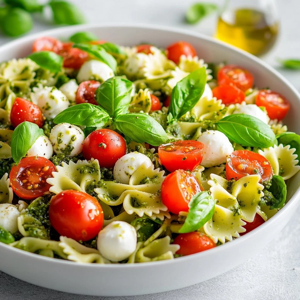 Insalata di pasta con farfalle colorate, ricca di verdure fresche e sapori estivi.