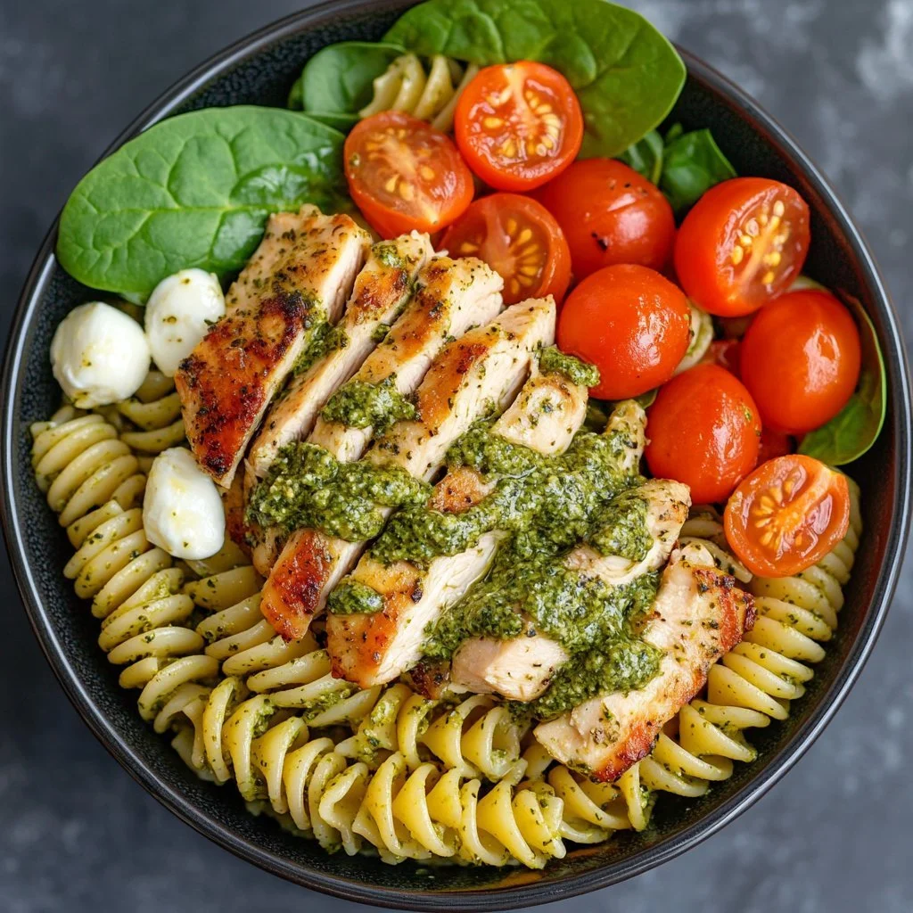 Insalata di pasta con pesto di pollo servita in un piatto colorato