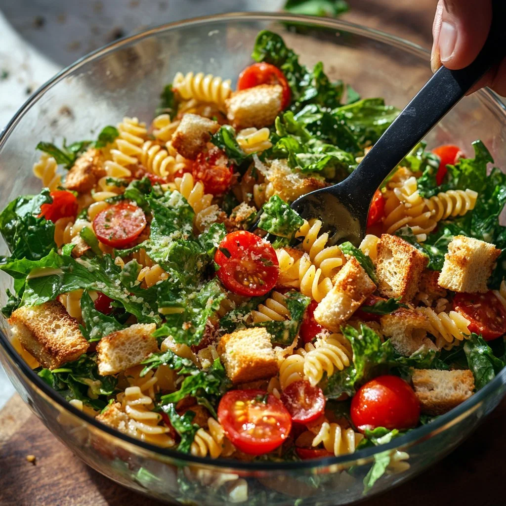 Insalata di pasta con pollo César, un piatto fresco e gustoso.