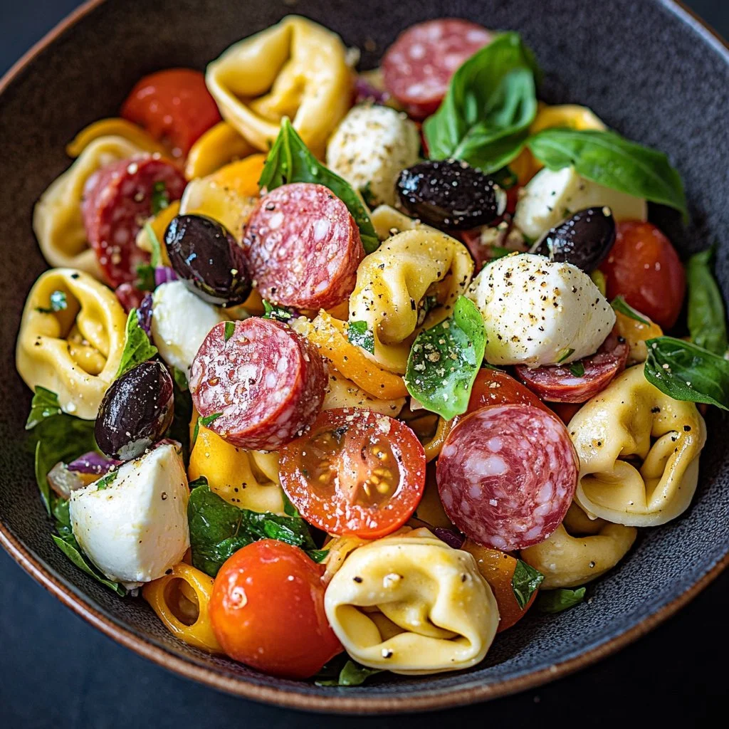 Insalata di pasta con tortellini, salame e mozzarella pronta da servire