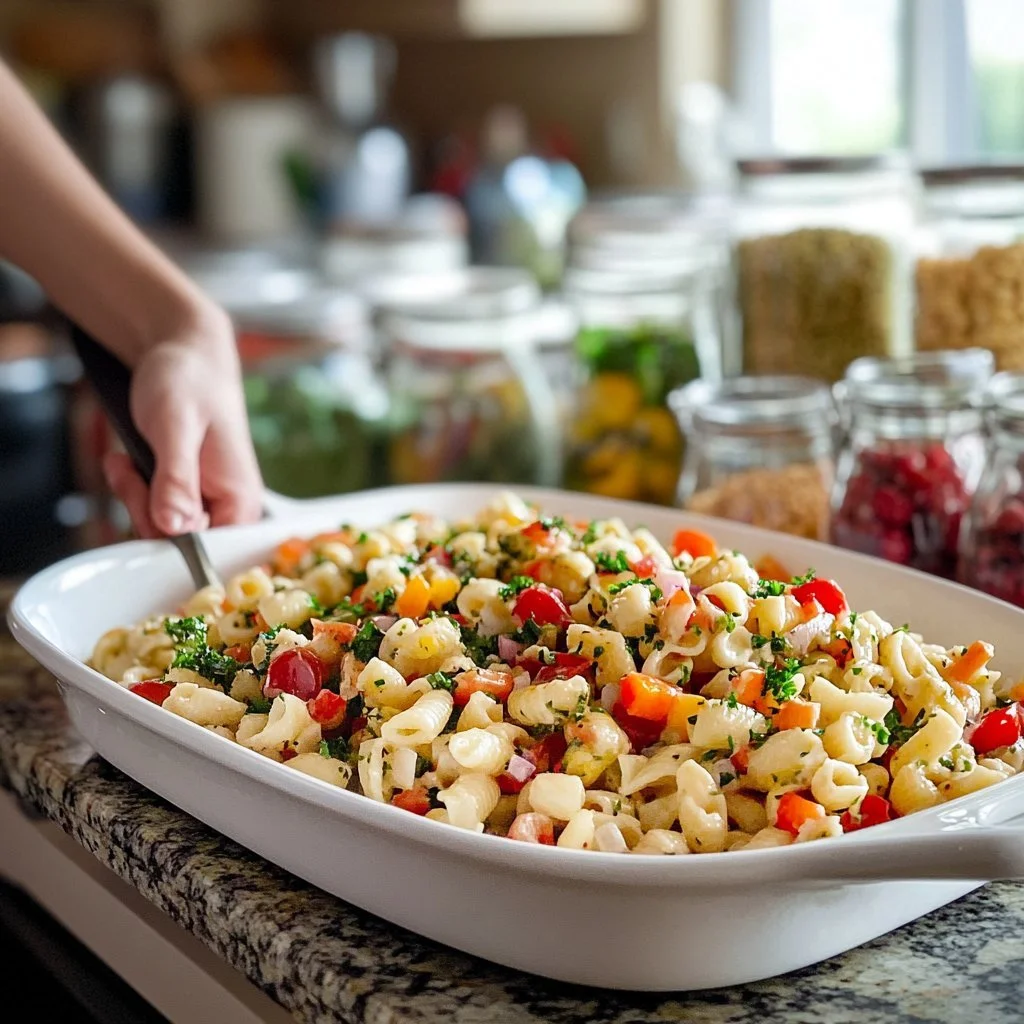 Insalata di pasta cremosa con verdure fresche e condimenti saporiti
