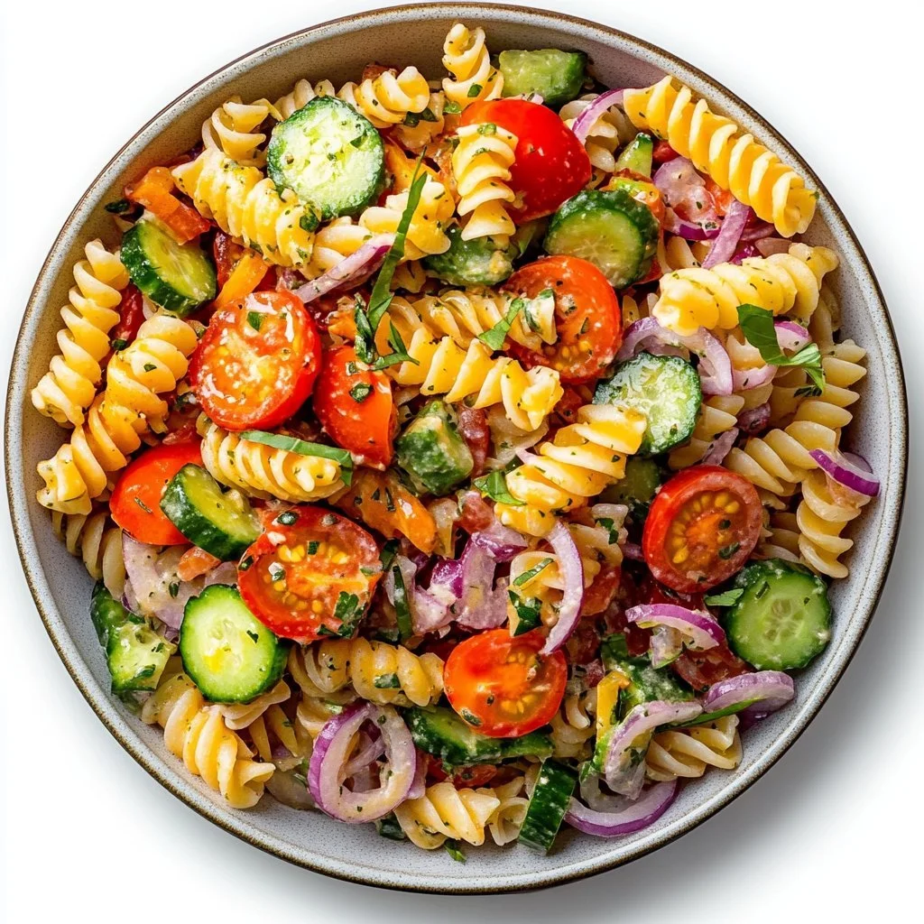 Insalata di pasta cremosa con verdure fresche e condimento delizioso
