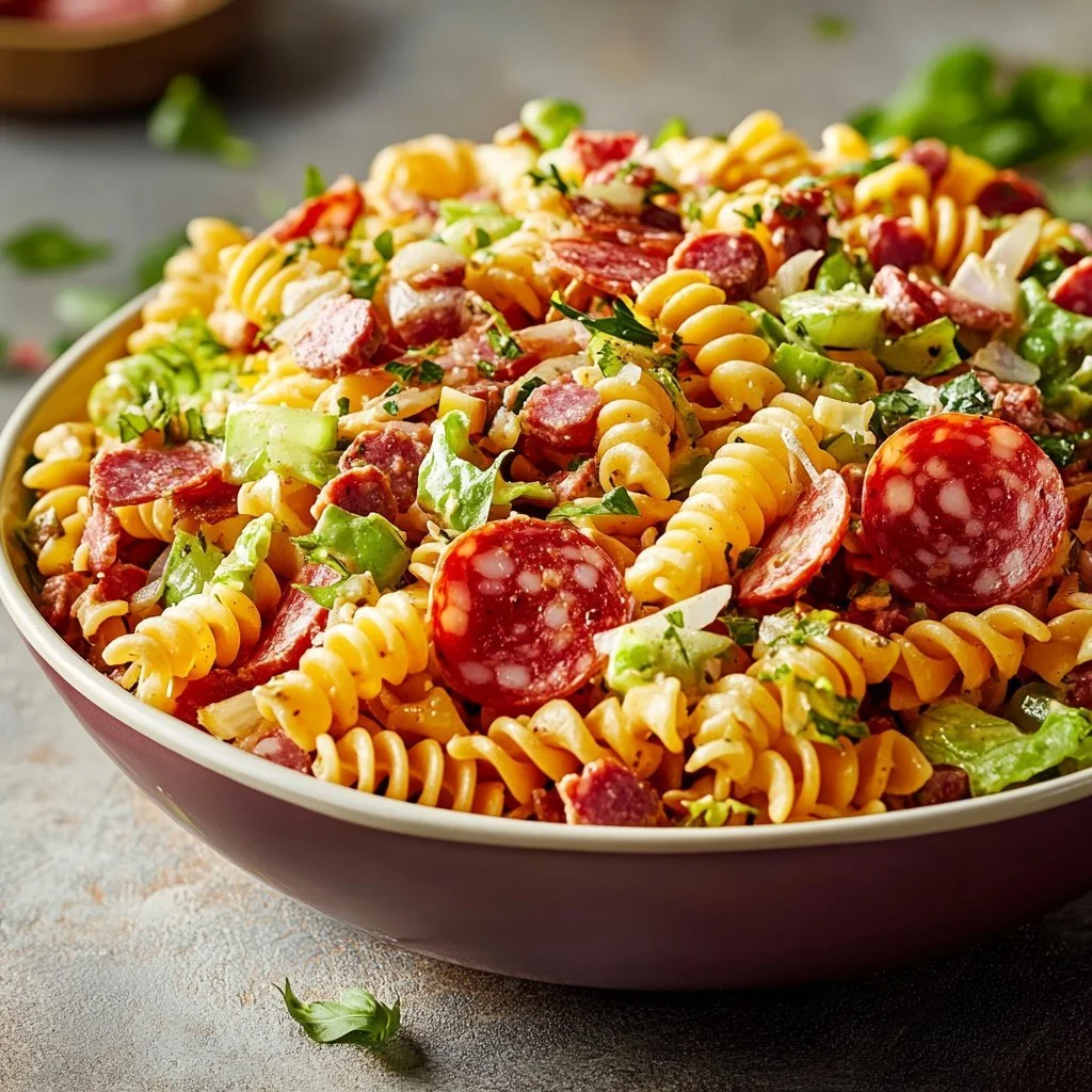 Insalata di pasta fresca con ingredienti vari, pronta per essere servita.