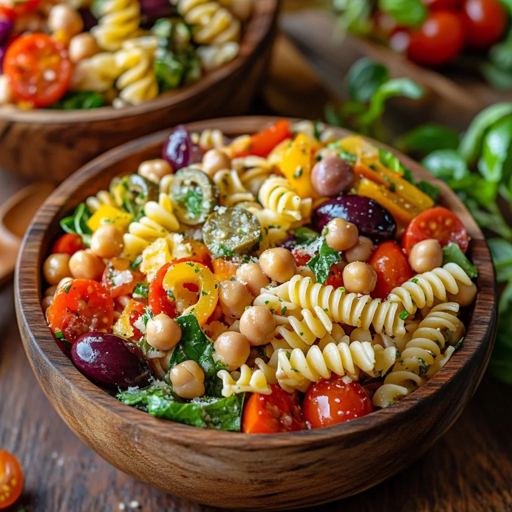 Insalata di pasta italiana con verdure fresche e condimenti