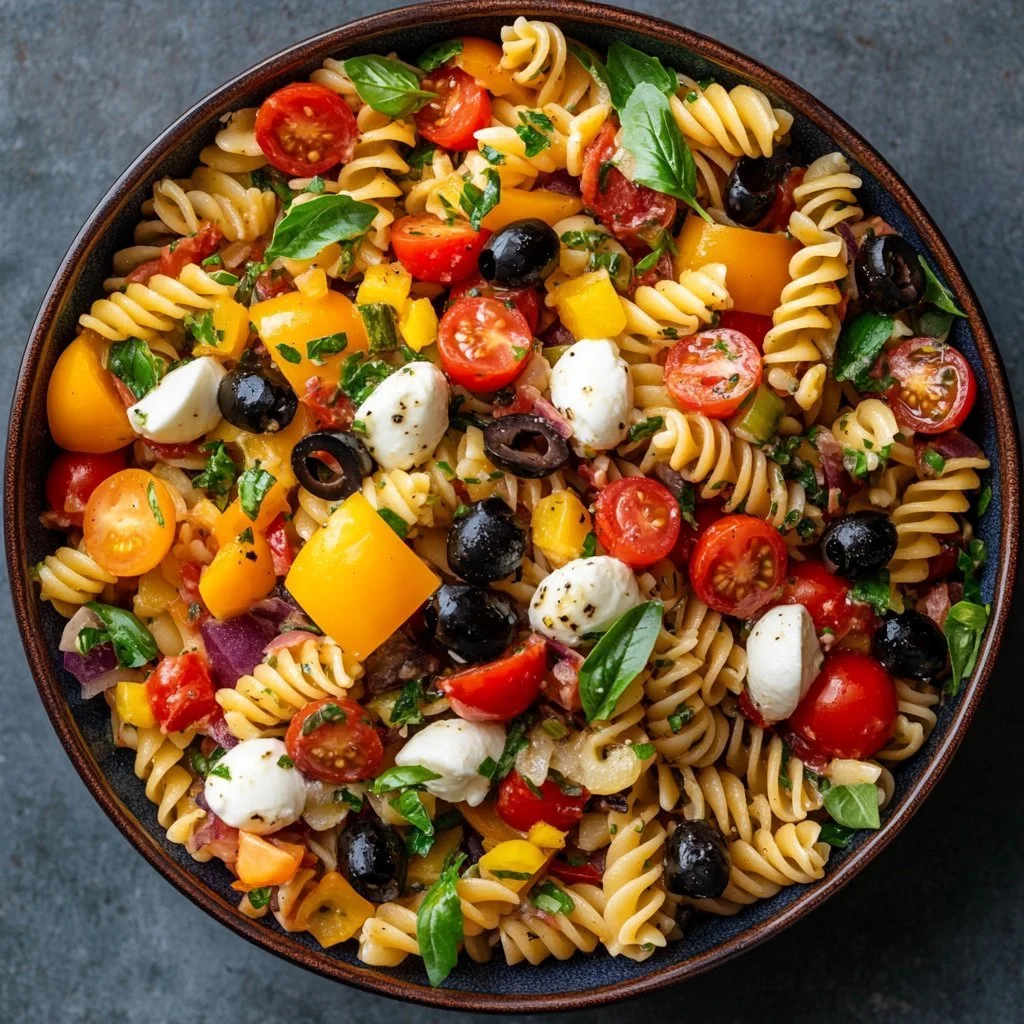 Insalata di pasta italiana veloce con ingredienti freschi e saporiti