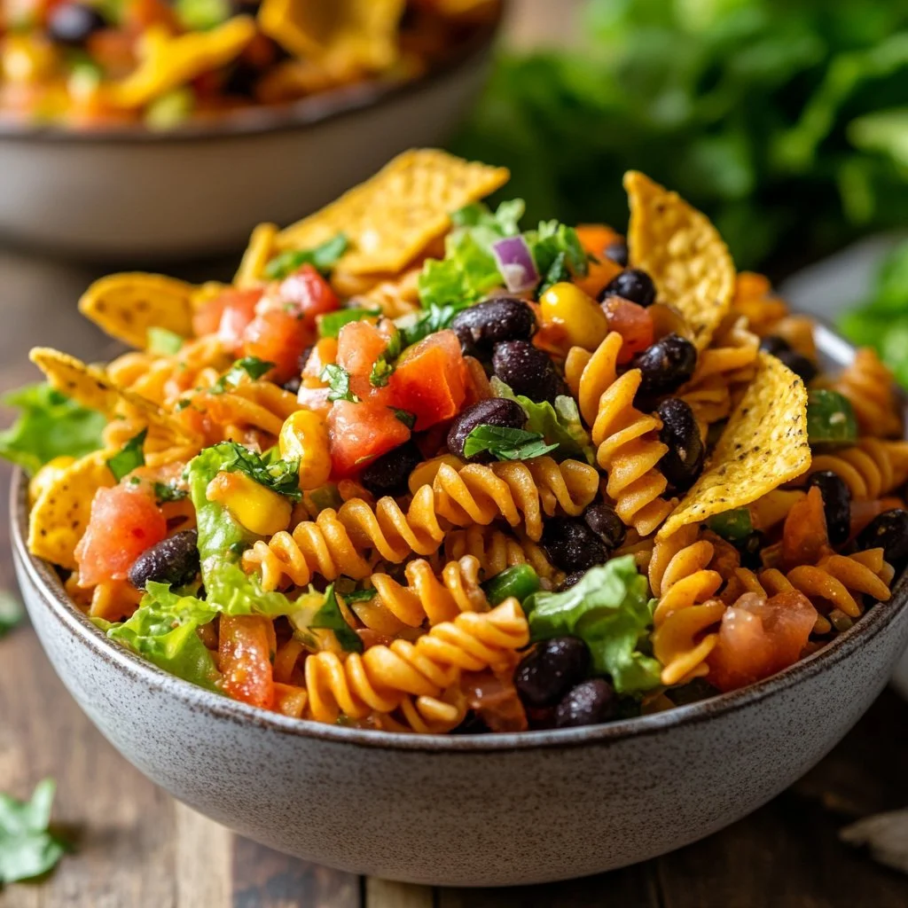 Insalata di pasta tacos colorata e fresca servita su un piatto.