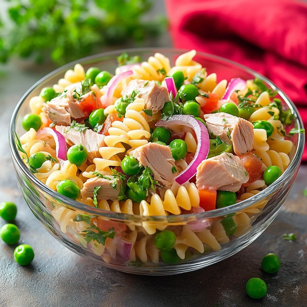 Insalata di pasta tonno con verdure fresche e condimenti aromatici.