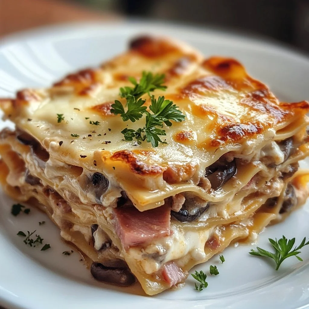 Lasagne ai Funghi, Prosciutto e Formaggio appena sfornata, pronta da servire.
