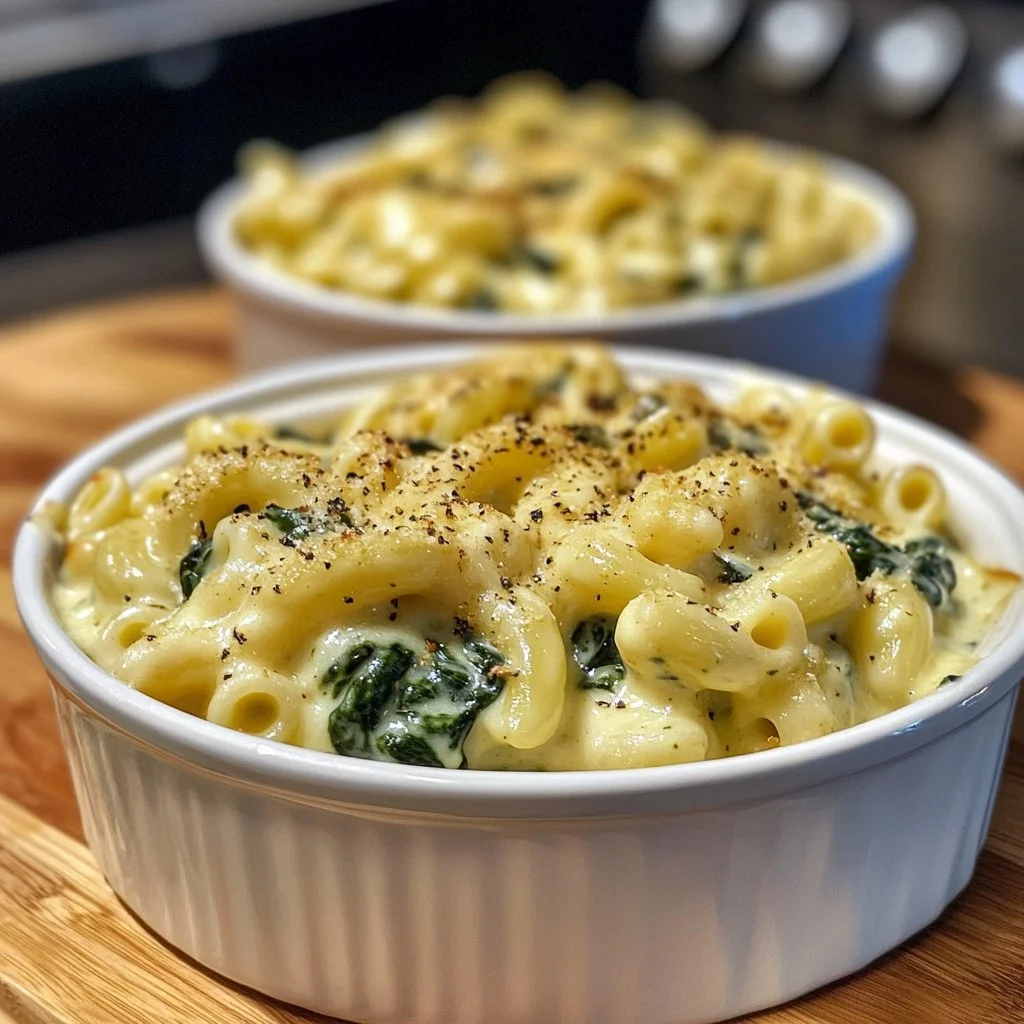 Maccheroni al formaggio con spinaci in un piatto colorato
