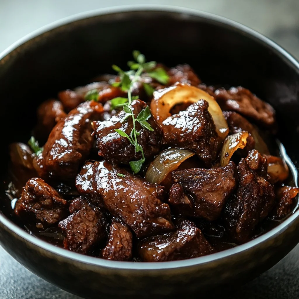 Manzo saltato con cipolle, piatto tradizionale della cucina italiana.