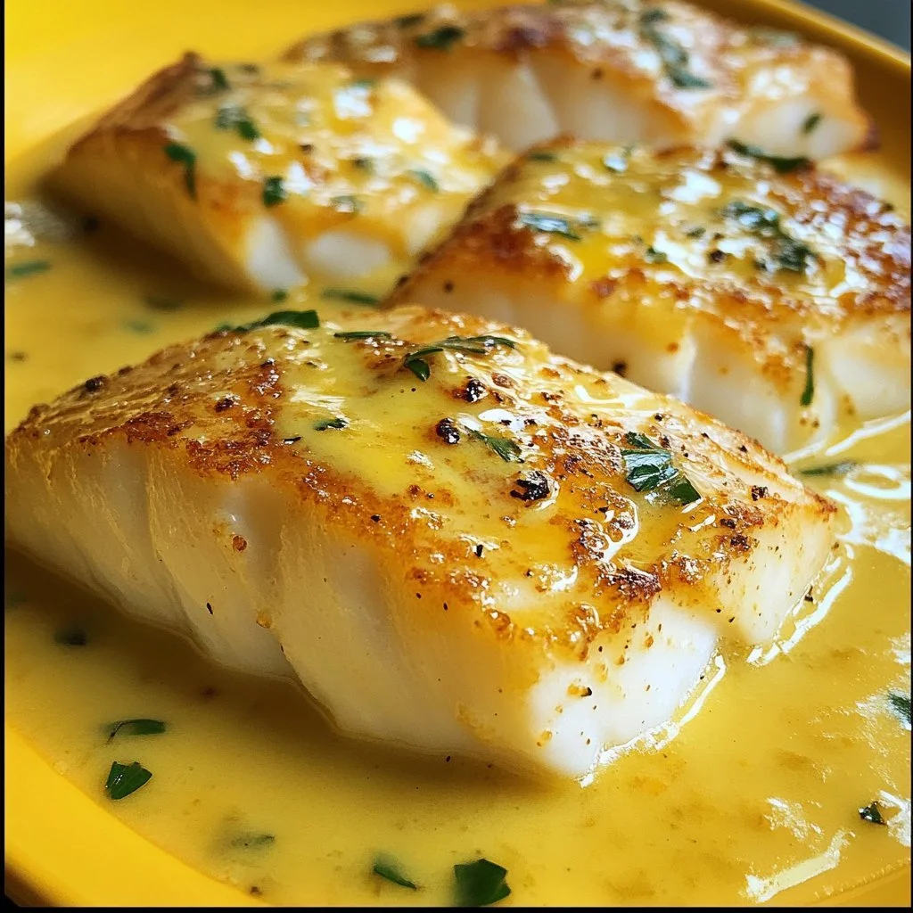 Merluzzo al forno con senape e crema al limone servito in un piatto elegante.