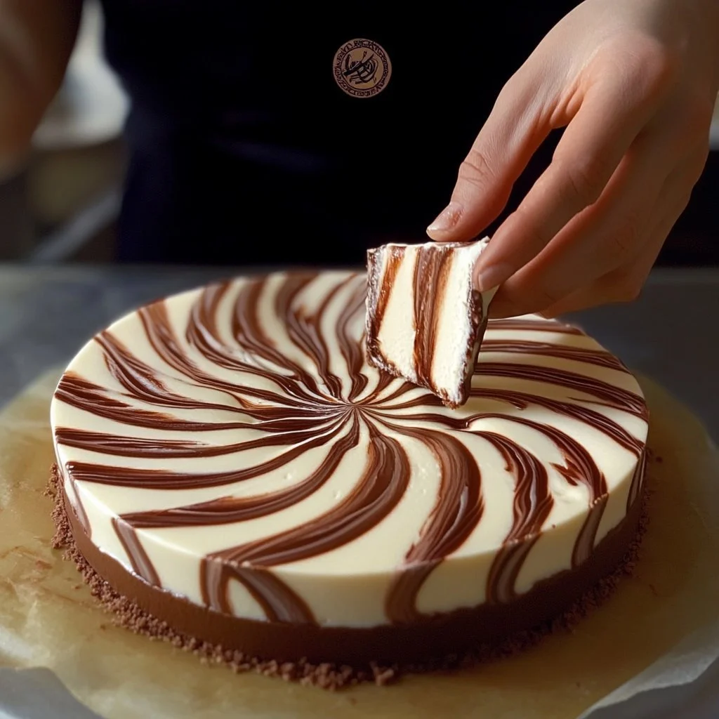 Mousse zebra ai due cioccolati decorata con cacao e cioccolato bianco.