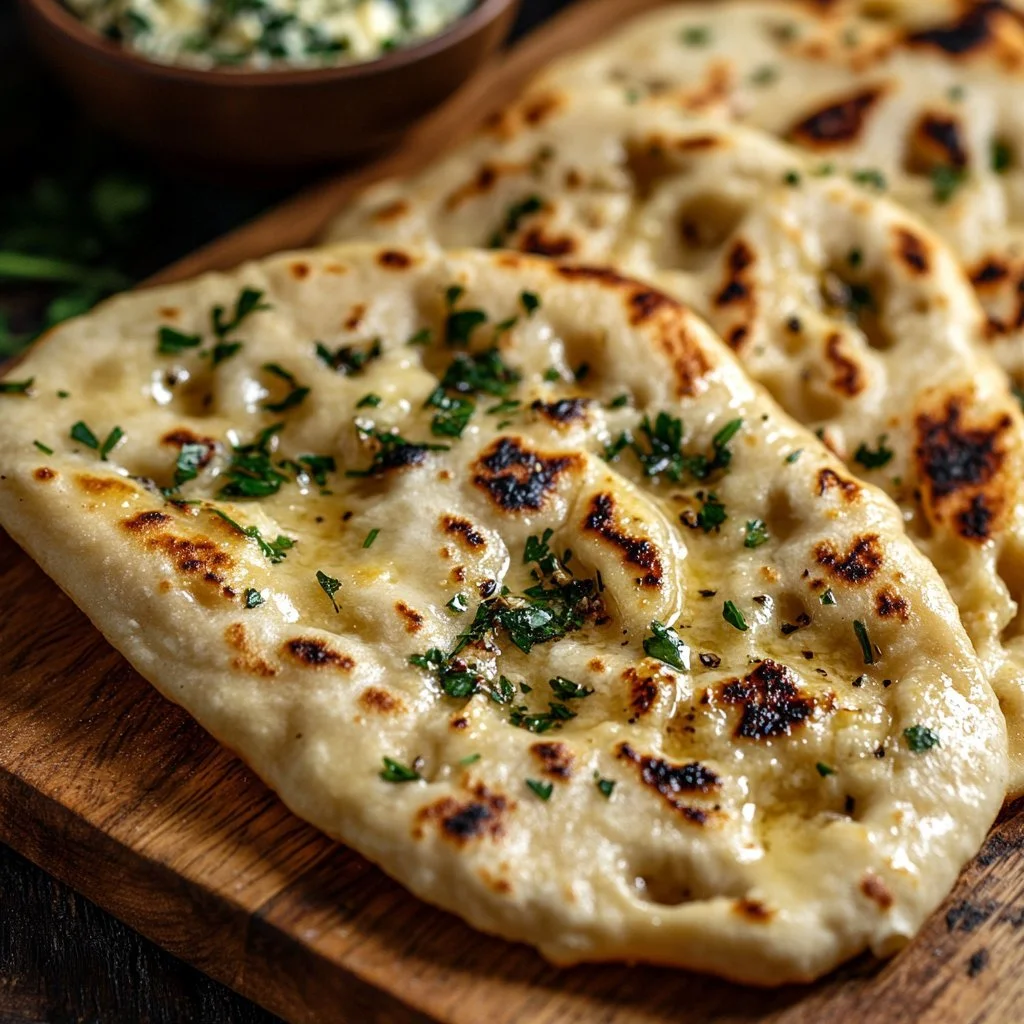 Naan al formaggio fresco servito su un piatto con ingredienti freschi.