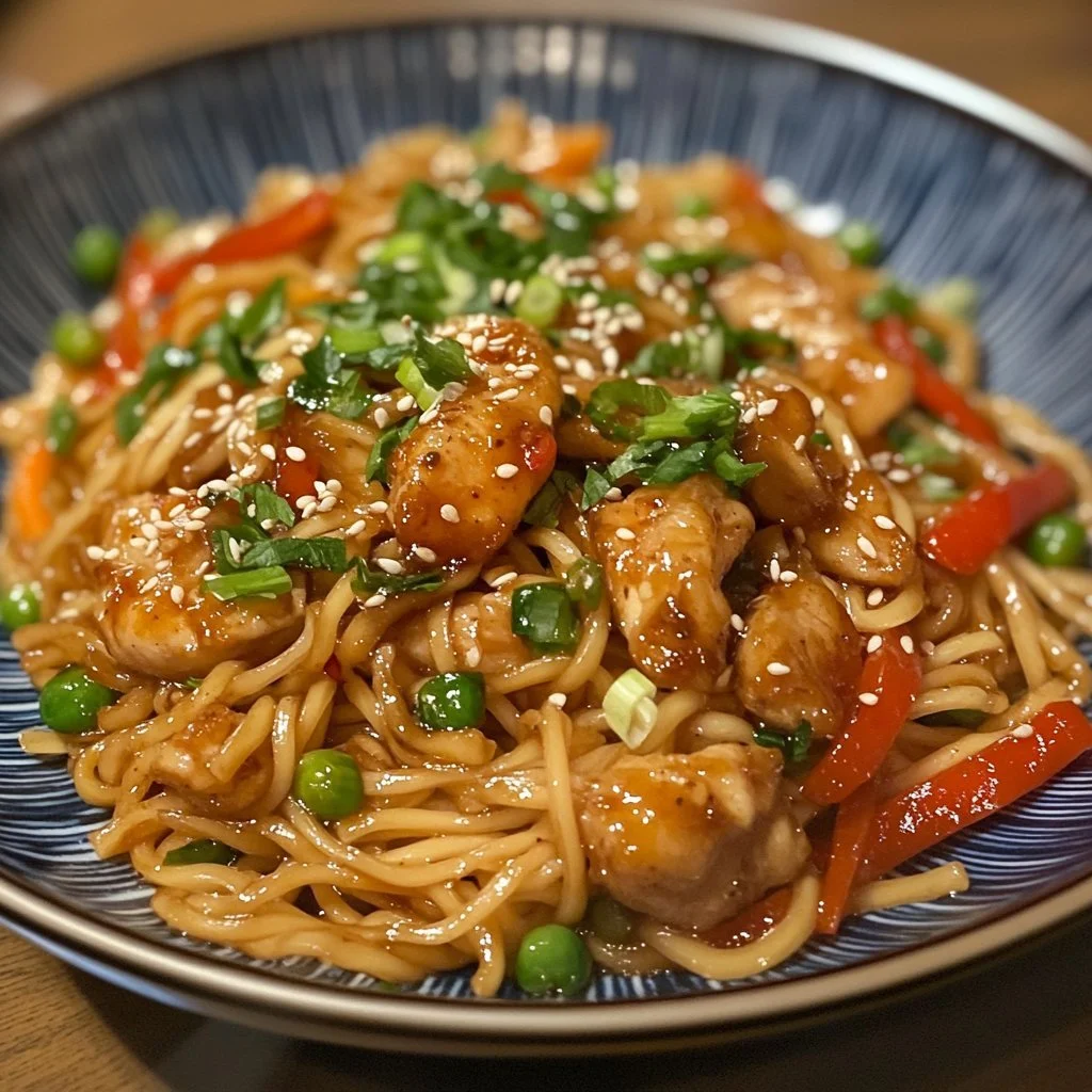 Noodle Saltati con Pollo Caramellato, piatto asiatico delizioso e saporito.