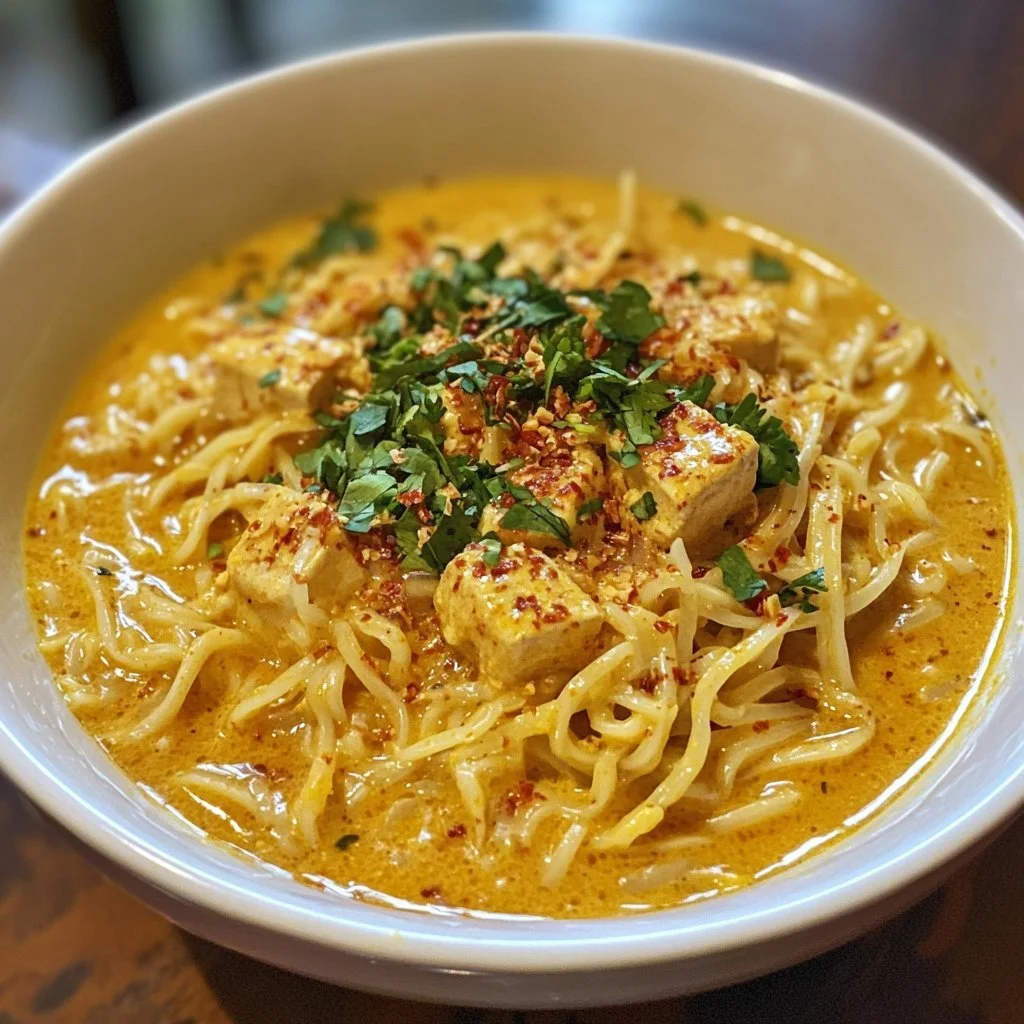 Noodles al latte di cocco e curry serviti in una ciotola con erbe fresche