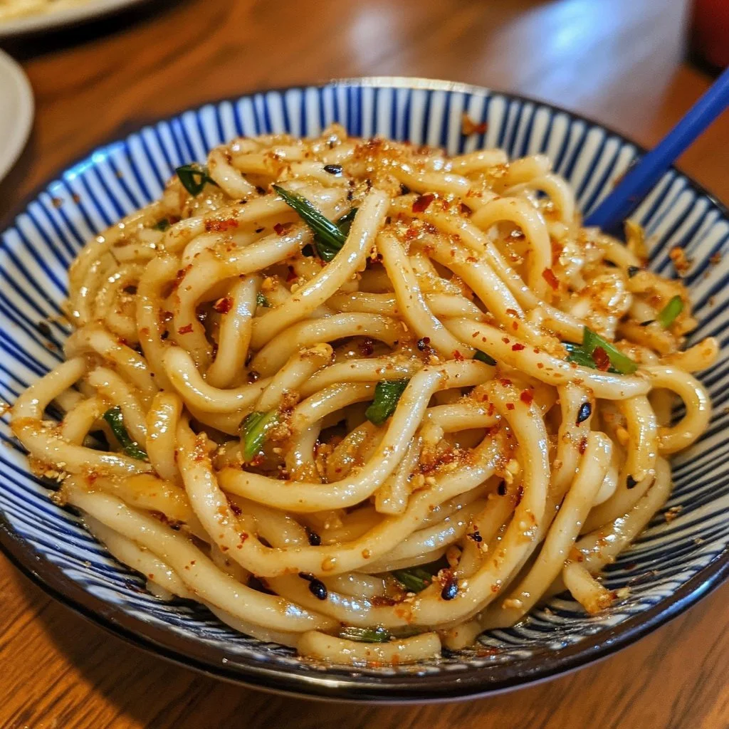 Piatto di noodles Biang Biang servito con salsa piccante e verdure fresche