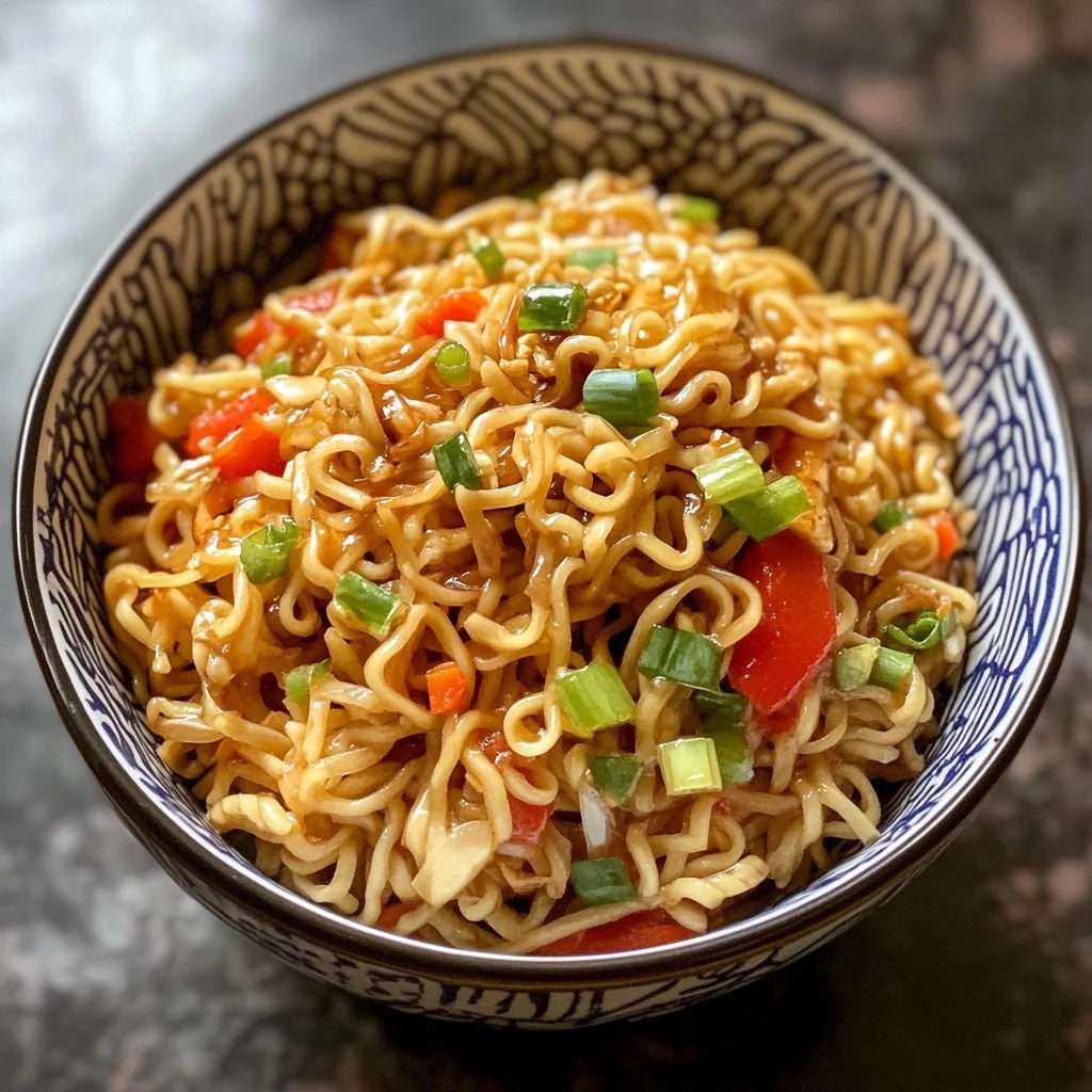 Noodles istantanei saltati serviti in un piatto colorato