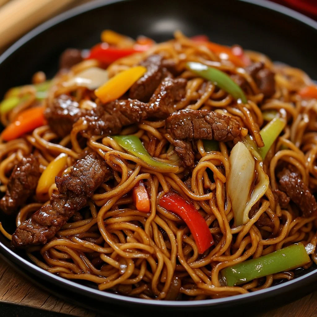 Noodles Lo Mein in un piatto colorato con verdure fresche
